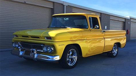 Yellow 63 Chevy C-10 with flames