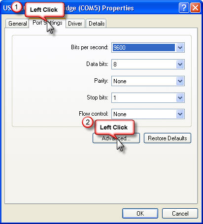Step six of USB Adapter Setup Change - USB to Serial Bridge Properties