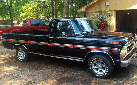 Black 72 Ford Ranger with red striping side profile