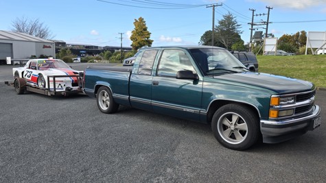 Chevy Pickup Towing Race Car